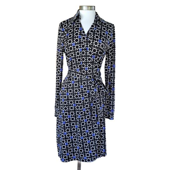 Boston Proper Dresses & Skirts - BOSTON PROPER Jersey Midi Wrap Dress Size Medium Black Blue Dot Long Sleeve